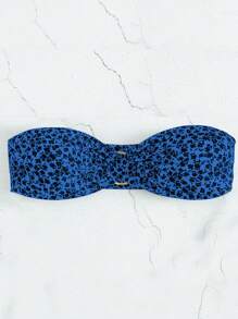 Ditsy Floral Print Ring Linked Bandeau Bikini Top - Blue - View 3