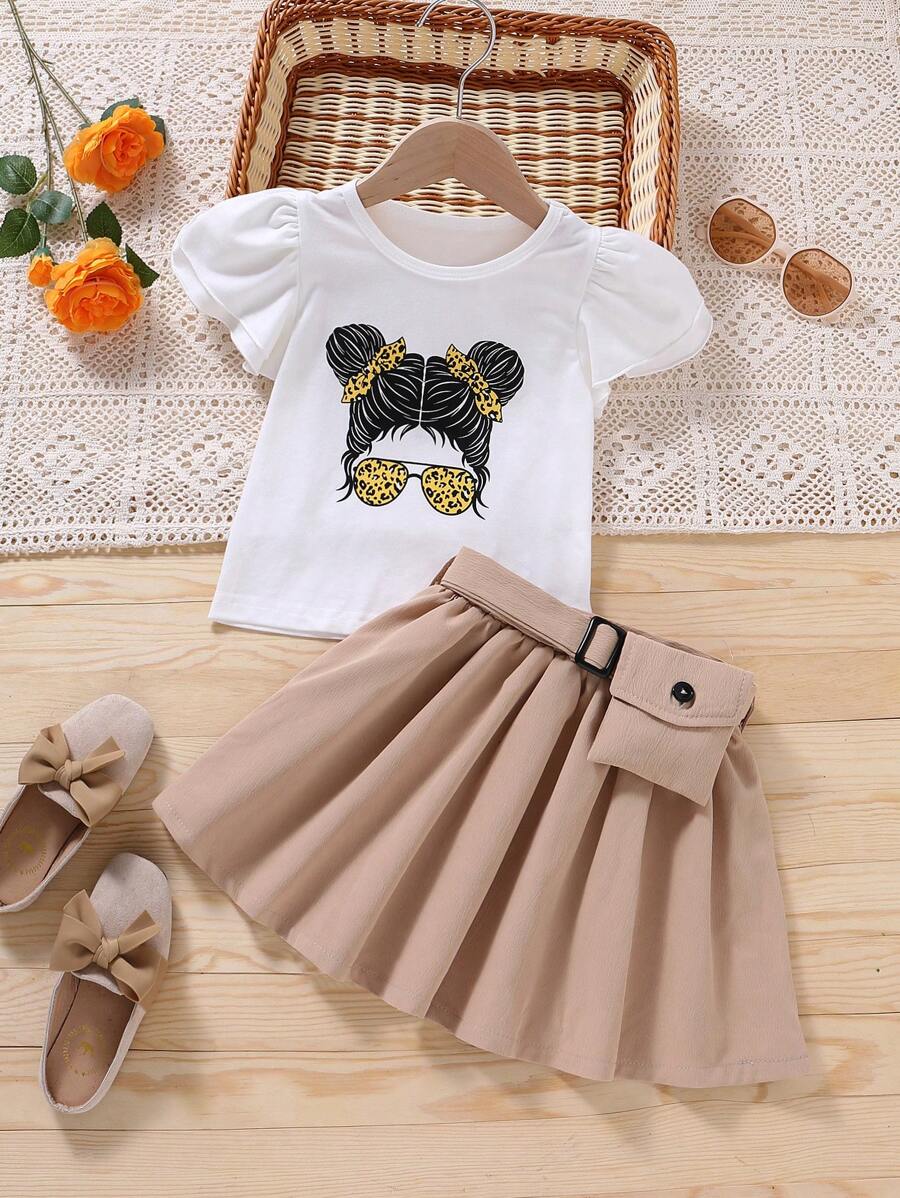 SHEIN Toddler Girls Figure Graphic Tee & Buckle Belted Skirt - Multicolor - View 1