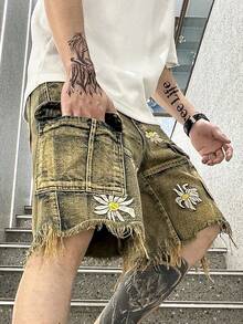 Manfinity EMRG Men Floral Pattern Raw Hem Denim Shorts - Camel - View 4