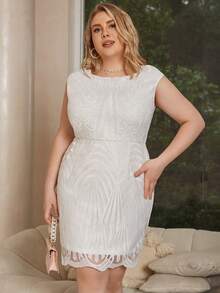 Eilly Bazar Đầm Plus Size Dây kéo Sò điệp màu trơn Thanh lịch - trắng - Xem 3