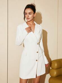 Lapel Neck Button Front Blazer Dress - White - View 3