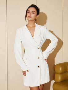 Lapel Neck Button Front Blazer Dress - White - View 5