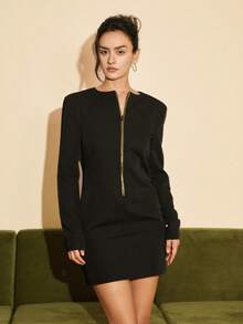 Zip Up Shoulder Pad Dress - Black - View 7