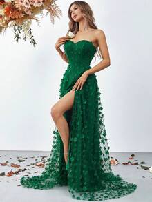 Strapless Sweetheart Neckline Evening Gown With High Slit & Floral Lace A-Line Skirt - Floor-Length Formal Dress For Gala Dinners, Red Carpet Events, Black-Tie Weddings, Opera Nights, And Luxury Charity Galas - Dark Green - View 4