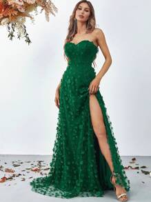 Strapless Sweetheart Neckline Evening Gown With High Slit & Floral Lace A-Line Skirt - Floor-Length Formal Dress For Gala Dinners, Red Carpet Events, Black-Tie Weddings, Opera Nights, And Luxury Charity Galas - Dark Green - View 5