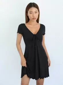 SHEIN EZwear Đầm Dây kéo Thắt nút Xù nhỏ màu trơn Giải trí - màu đen - Xem 5