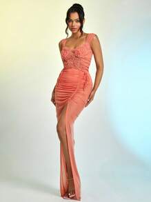 立體花朵貼花褶邊高衩網紗吊帶連衣裙附內褲 - 亮橙色 - 查看 1