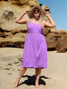 SHEIN VCAY 大碼前紐扣吊帶洋裝 - 紫色 - 查看 7