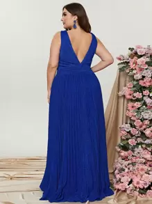 Plus Twist Front Plunging Neck Pleated Hem Glitter Dress - Blue - View 3