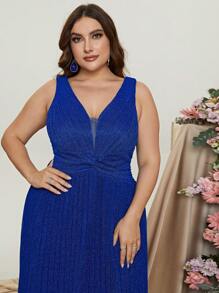 Plus Twist Front Plunging Neck Pleated Hem Glitter Dress - Blue - View 5