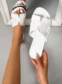 Women Lizard Embossed Flat Sandals, Elegant White Slide Sandals - White - View 1