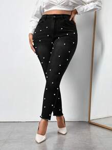 SHEIN SXY Plus Pearls Beaded Raw Cut Skinny Jeans - Black - View 1