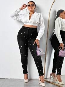 SHEIN SXY Plus Pearls Beaded Raw Cut Skinny Jeans - Black - View 3