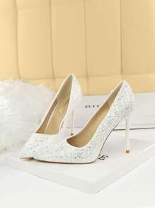 2025秋冬女士亮片装饰尖头细高跟鞋，魅力白色亮片浅口鞋，优雅，派对装扮，尖头高跟鞋，婚礼装扮