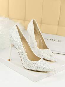 2025秋冬女士亮片装饰尖头细高跟鞋，魅力白色亮片浅口鞋，优雅，派对装扮，尖头高跟鞋，婚礼装扮