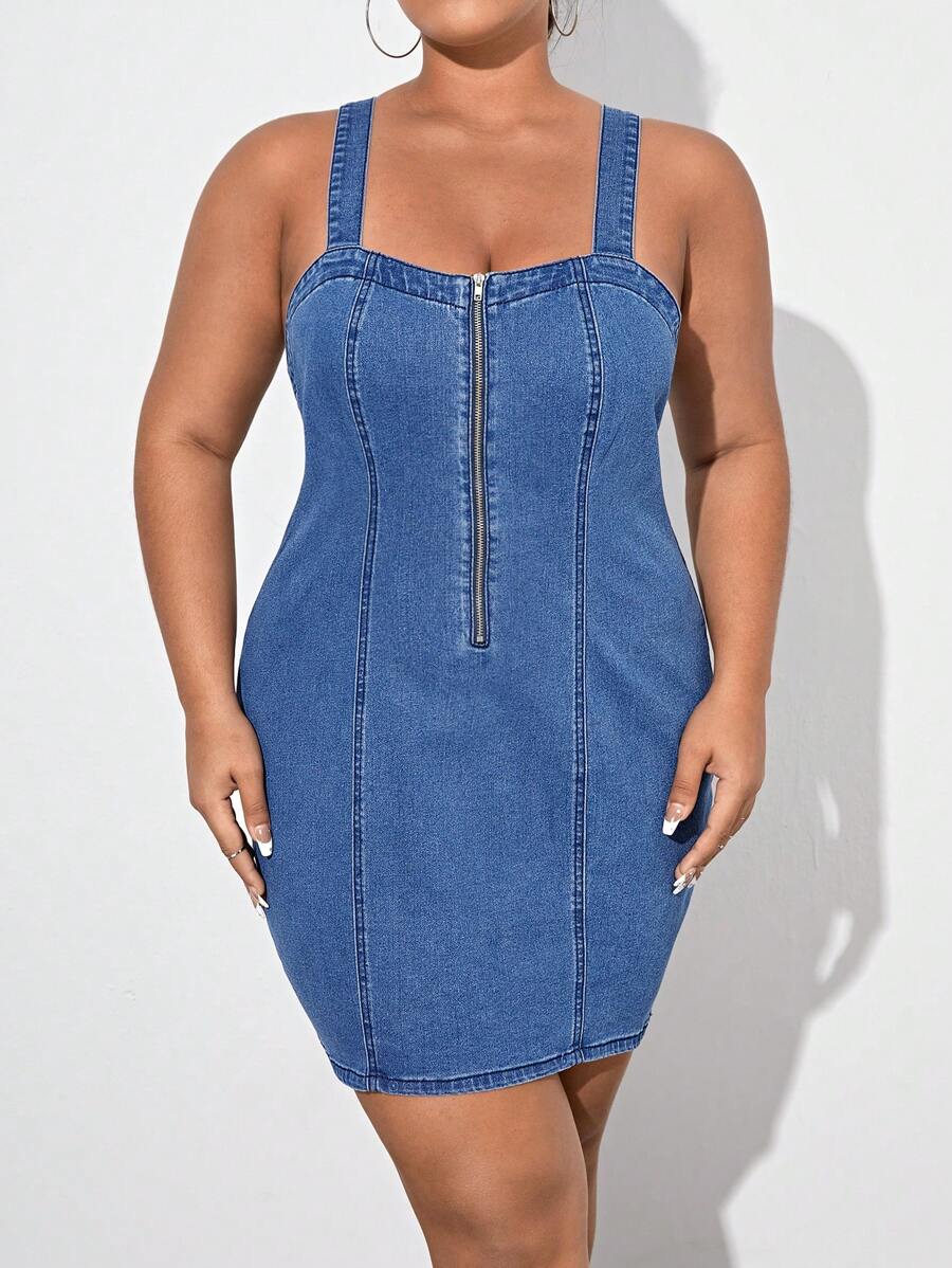 SHEIN Essnce Vestido mezclilla medio cierre - Azul lavado medio - Ver 1