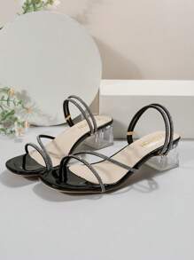 Dekorasi Berlian Imitasi Wanita Sandal Bertumit Chunky Bening, Sandal Musim Panas Multi-arah yang Glamor - Hitam - View 9