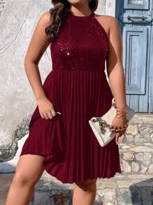 SHEIN Clasi 加大撞色亮片褶皱下摆挂脖连衣裙，酒红色女装 - 酒紅色 - 查看 1