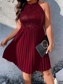 SHEIN Clasi 加大撞色亮片褶皱下摆挂脖连衣裙，酒红色女装 - 酒紅色 - 查看 4