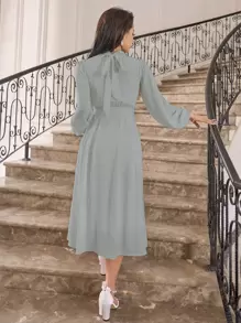 DAZY Mock Neck Lantern Sleeve Ruched Waist Dress Sundress,Fall Dress - Mint Green - View 2