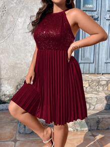 SHEIN Clasi 加大撞色亮片褶皱下摆挂脖连衣裙，酒红色女装 - 酒紅色 - 查看 6