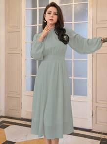 DAZY Mock Neck Lantern Sleeve Ruched Waist Dress Sundress,Fall Dress - Mint Green - View 3