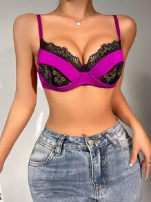 Contrast Lace Underwire Bra - Red Violet - View 5
