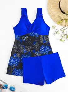 Swim Lushoire 印花坦基尼套裝褶邊背心洋裝和短褲2入組分離泳衣 - 藍色 - 查看 3