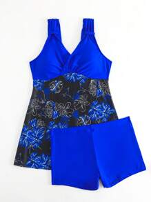 Swim Lushoire 印花坦基尼套裝褶邊背心洋裝和短褲2入組分離泳衣 - 藍色 - 查看 5