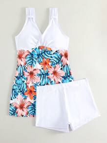 Vestido de baño corto con estampado tropical para playa de verano - Blanco - Ver 7