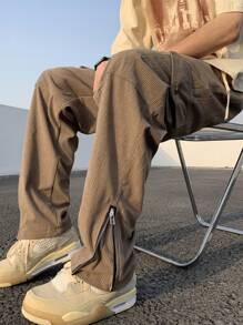 Manfinity 男士拉鍊下擺腰部抽繩燈芯絨長褲 - 摩卡棕 - 查看 3