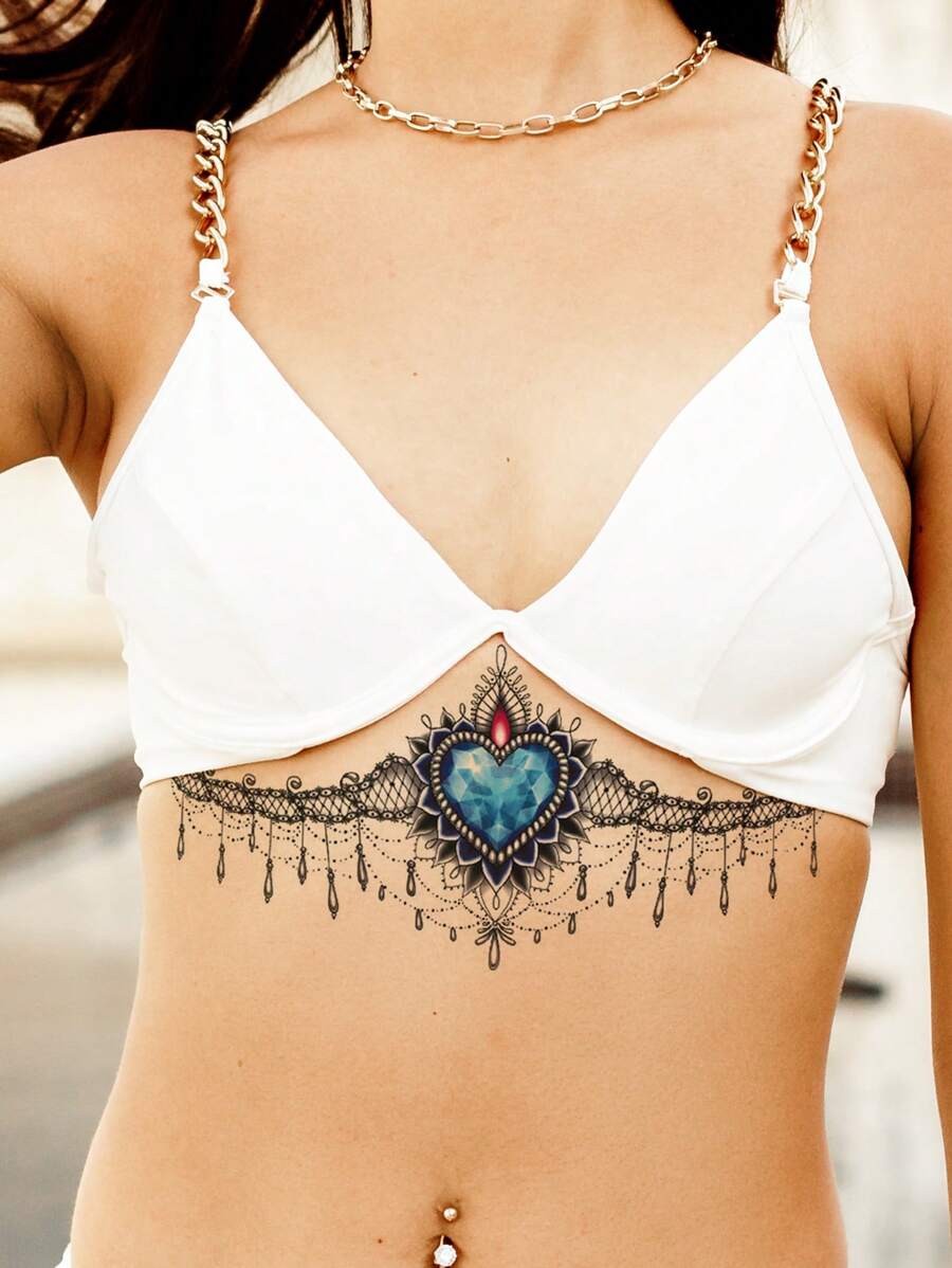 1 pieza pegatina de tatuaje debajo del pecho con encaje de diamante