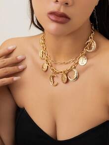 1入組時尚人像細節圓形和月亮墜飾項鍊適合女士日常裝飾 - 金色 - 查看 8