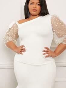 Slaydiva Plus Asymmetrical Neck Contrast Mesh Top - White - View 1
