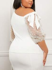 Slaydiva Plus Asymmetrical Neck Contrast Mesh Top - White - View 2
