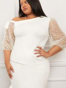 Slaydiva Plus Asymmetrical Neck Contrast Mesh Top - White - View 5