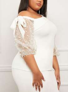 Slaydiva Plus Asymmetrical Neck Contrast Mesh Top - White - View 6