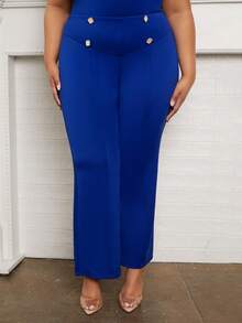 Slaydiva Plus Button Detail Flare Leg Trousers - Royal Blue - View 5