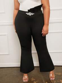 SHEIN SXY Plus Asymmetrical Waist Rhinestone Detail Flare Leg Trousers - Black - View 1