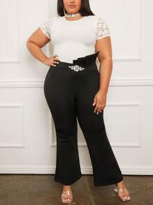 SHEIN SXY Plus Asymmetrical Waist Rhinestone Detail Flare Leg Trousers - Black - View 4