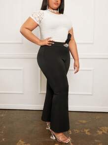 SHEIN SXY Plus Asymmetrical Waist Rhinestone Detail Flare Leg Trousers - Black - View 5