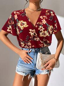 SHEIN VCAY Floral Print Surplice Neck Bodysuit - Burgundy - View 3