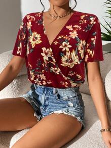 SHEIN VCAY Floral Print Surplice Neck Bodysuit - Burgundy - View 6