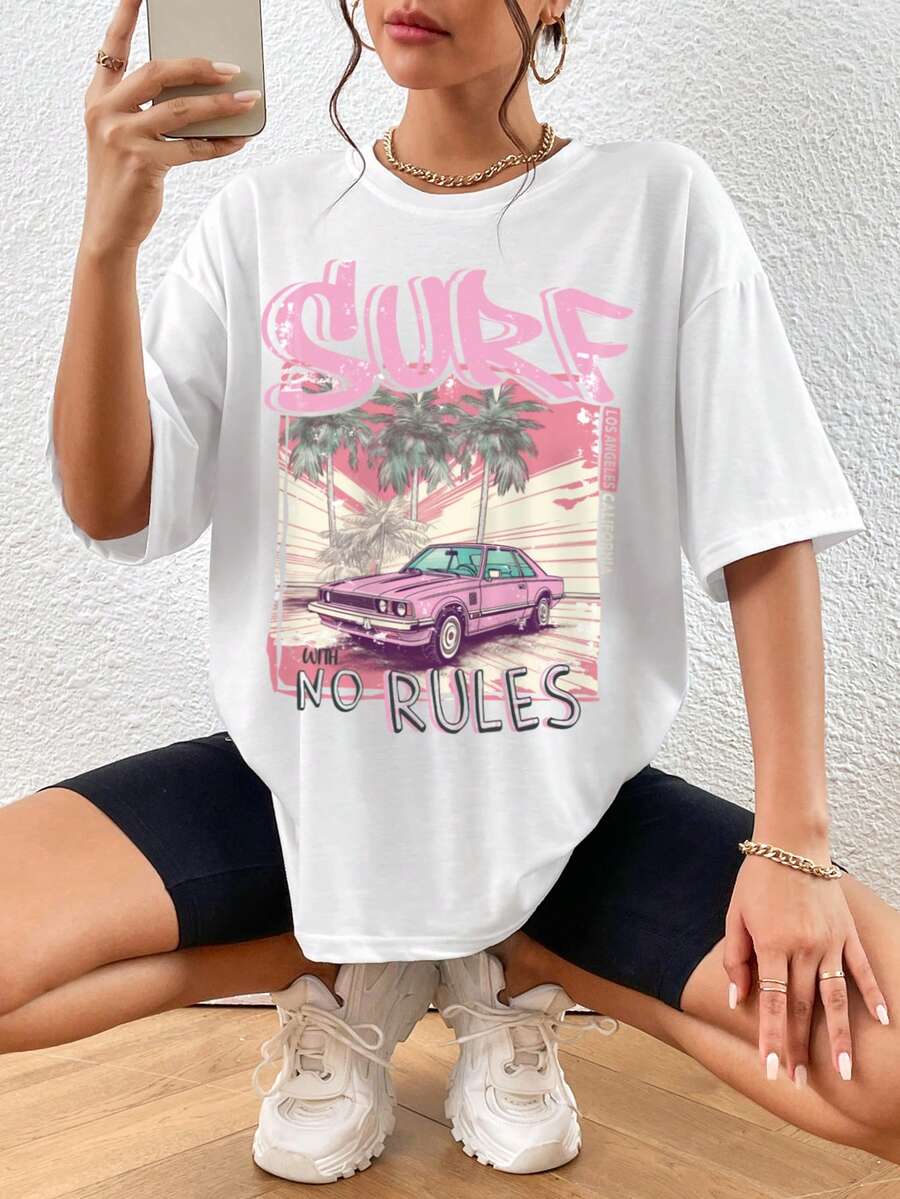 SHEIN EZwear Áo thun nữ Lá thư Ô tô/xe hơi Giải trí - trắng - Xem 1