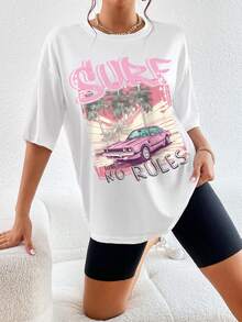 SHEIN EZwear Áo thun nữ Lá thư Ô tô/xe hơi Giải trí - trắng - Xem 4