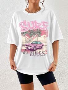 SHEIN EZwear Áo thun nữ Lá thư Ô tô/xe hơi Giải trí - trắng - Xem 5