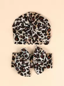 (1pc Hat + 1pc Headband) Baby Leopard Print India Turban Hat With Bowknot For 0-8 Months - Multicolor - View 1