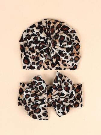 (1pc Hat + 1pc Headband) Baby Leopard Print India Turban Hat With Bowknot For 0-8 Months