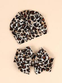 (1pc Hat + 1pc Headband) Baby Leopard Print India Turban Hat With Bowknot For 0-8 Months - Multicolor - View 3