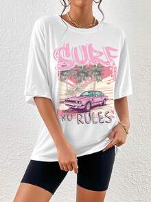 SHEIN EZwear Áo thun nữ Lá thư Ô tô/xe hơi Giải trí - trắng - Xem 6